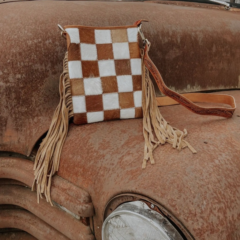 Fringe Checkered Leather Crossbody Bag